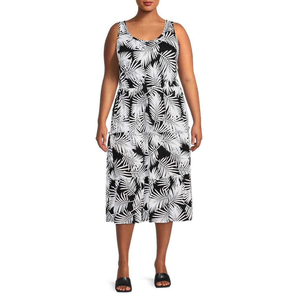 Terra & Sky Women's Black Floral Sleeveless Tiered Midi Dress - NWT